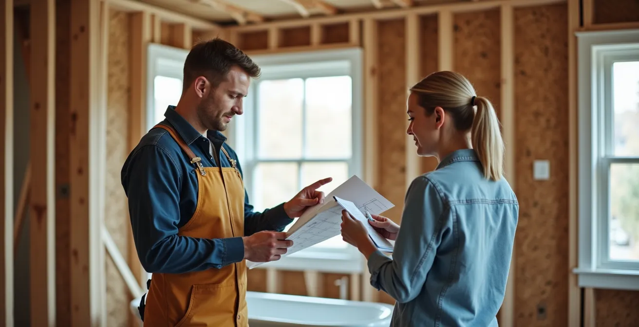 Professional contractor and homeowner reviewing bathroom renovation plans together at construction site