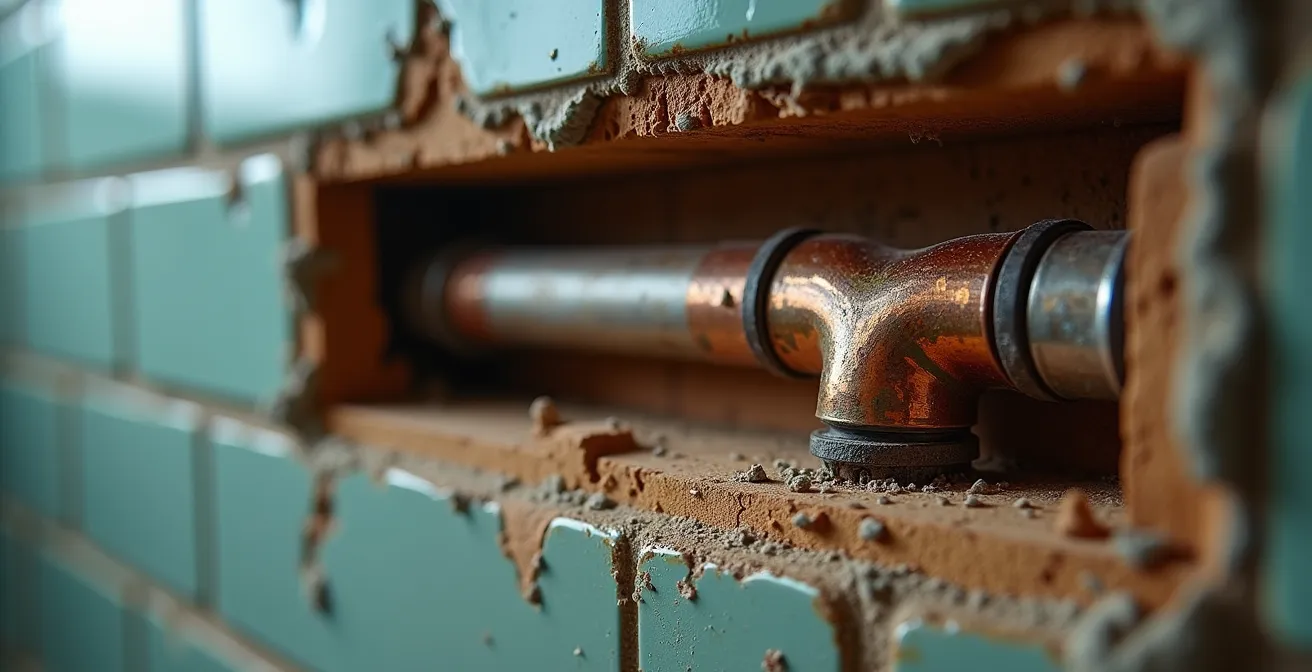Close-up view of exposed bathroom wall showing moisture damage and corroded plumbing behind removed tiles