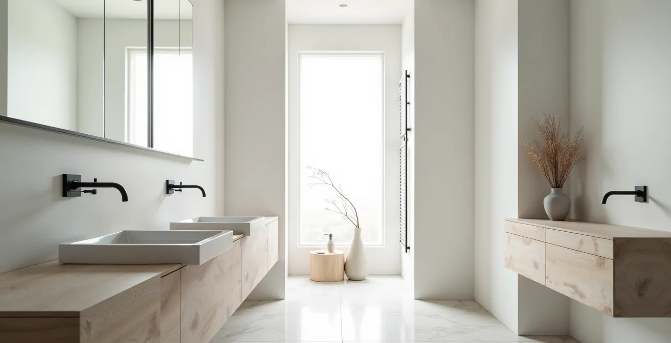 Wide shot of elegant bathroom showcasing natural stone, quality fixtures and universal design features